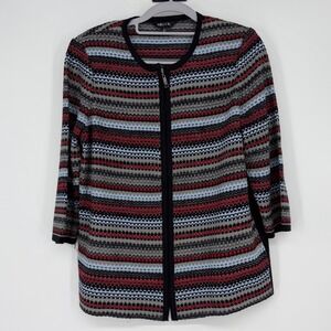 Misook Womens Small Knit Zip Front Jacket Striped Red Blue Gray Black Office